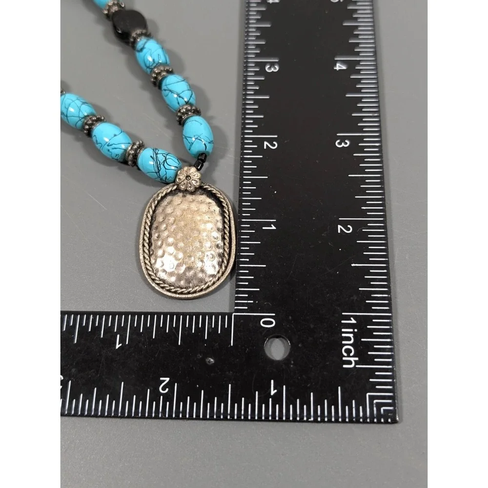 Boho Tribal Blue Faux Turquoise Black Glass Bead‎ Hammered Necklace 21 in